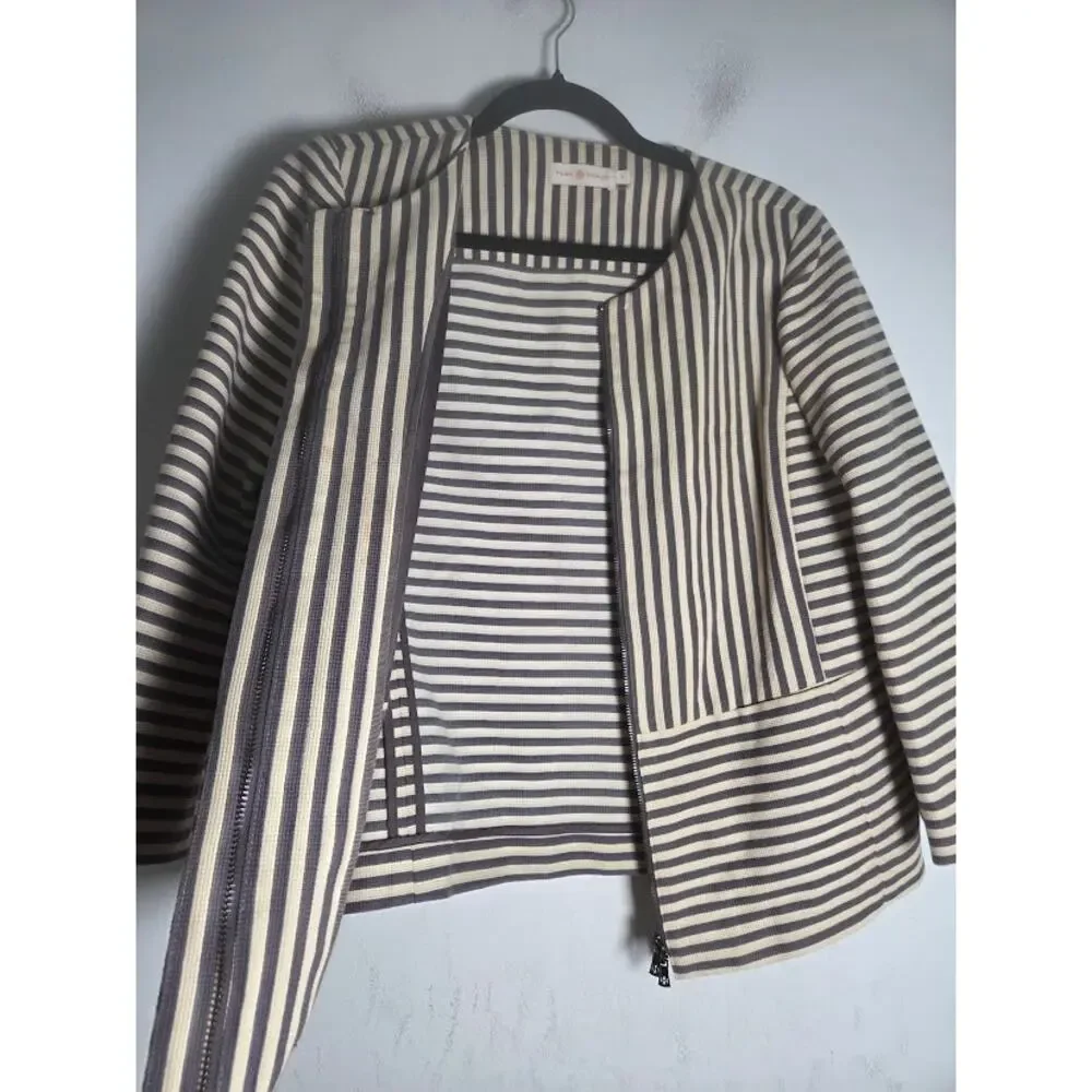 Tory Burch Rene Grey & Cream Stripped Cotton/Silk Zipper Jacket Blazer size 8
